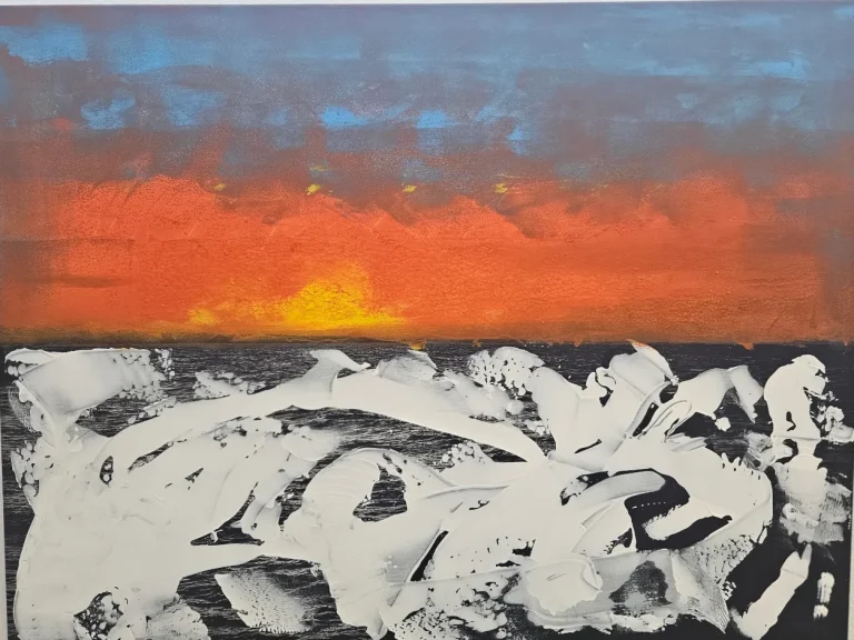 Burning Sea Abstraktes Acrylgemälde von Günter Huber, Zone7Art, 75x100cm, bunte Farbmischung, Kößlarn